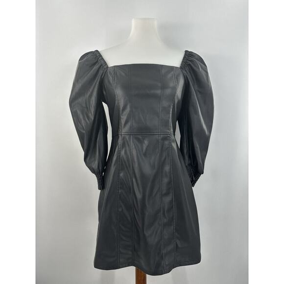 7 For All Mankind Black Faux Leather Puff Sleeve Smocked Mini Dress Sz M NWT - Picture 2 of 7